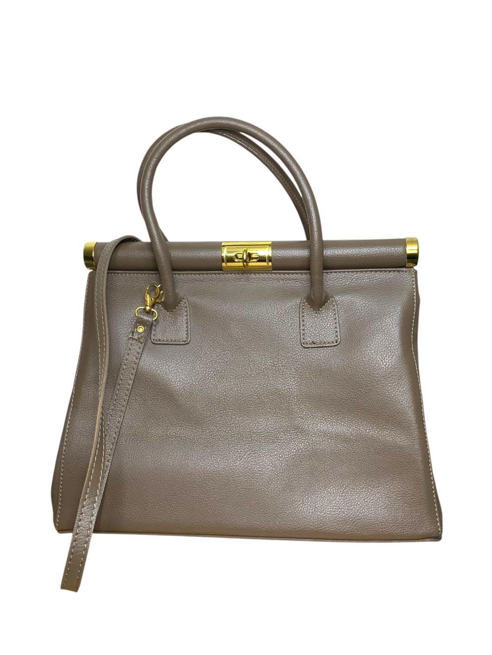 Taupe Structured Leather Satchel Top-Handle Classic Shoulder Bag Made Italy
